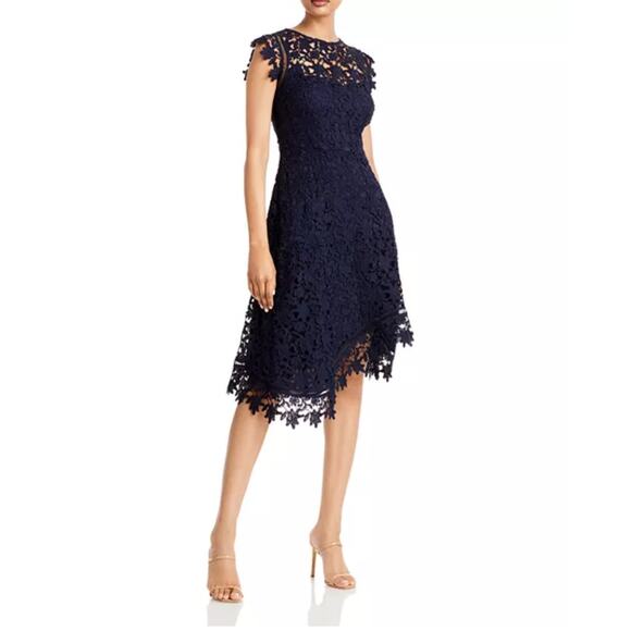 NWT Eliza J Lace Guipure Lace Asymmetrical Dress Size 12 Navy Short Sleeve $188 - Picture 2 of 12